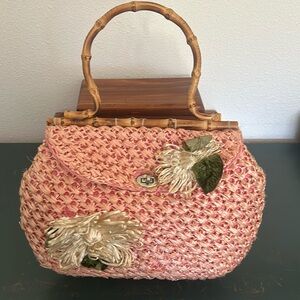 Vintage Made in Japan Pink Raffia Purse with Bamboo Handle